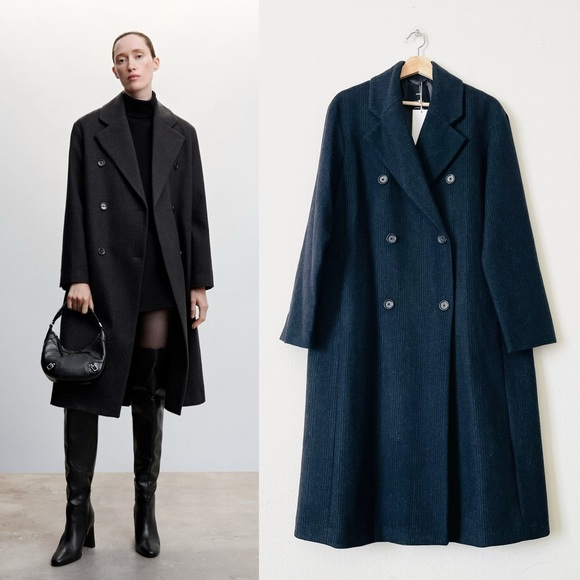 Mango Jackets & Blazers - NWT Mango LARGE Check Wool-blend double breasted pea coat- black/gray